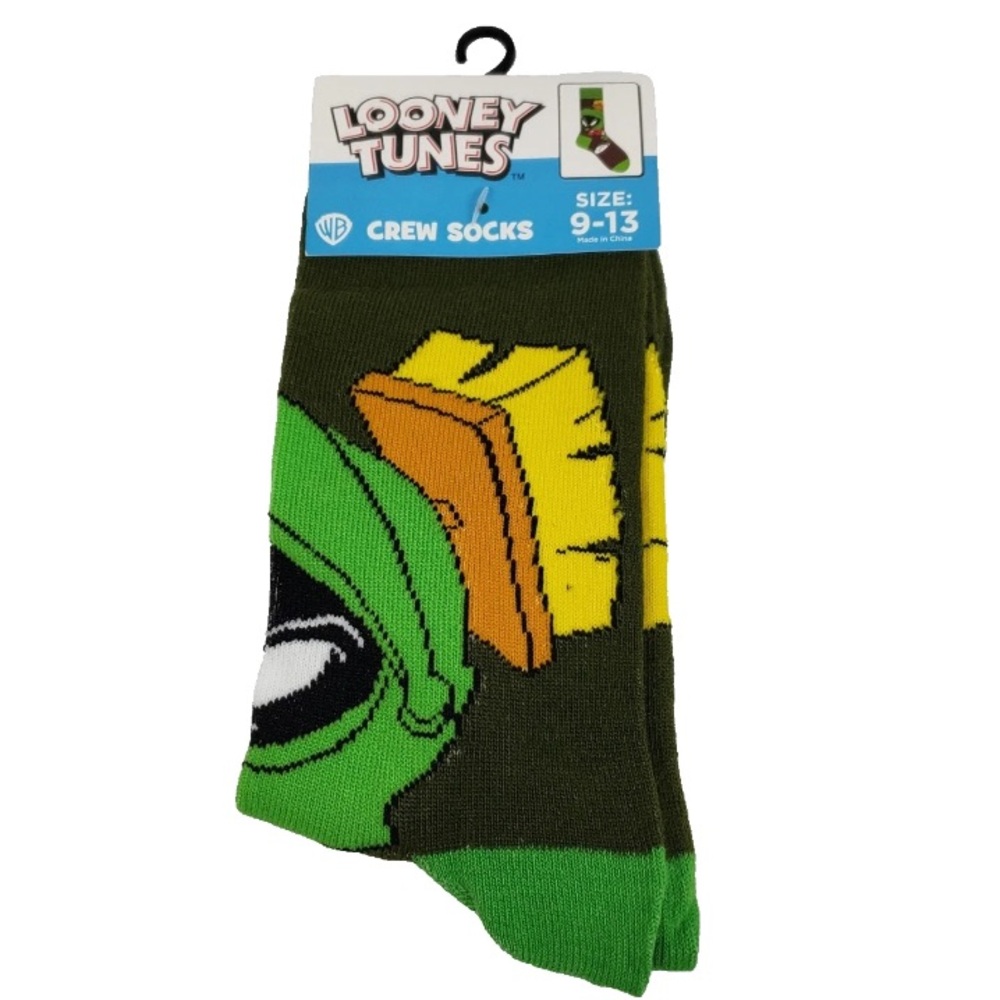 Looney Tunes Dark Green Yellow Crew Socks Marvin The Martian Mens 9-13 Novelty
